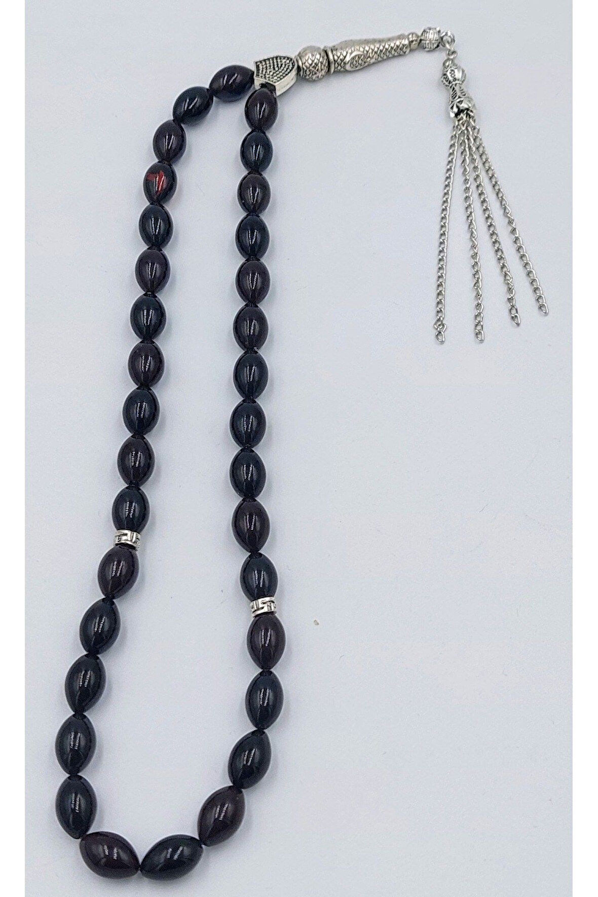 Mavi&siyah Alpaka Püsküllü Arpa Kesim Ateş Kehribar Tespih (AHŞAP KUTULU)