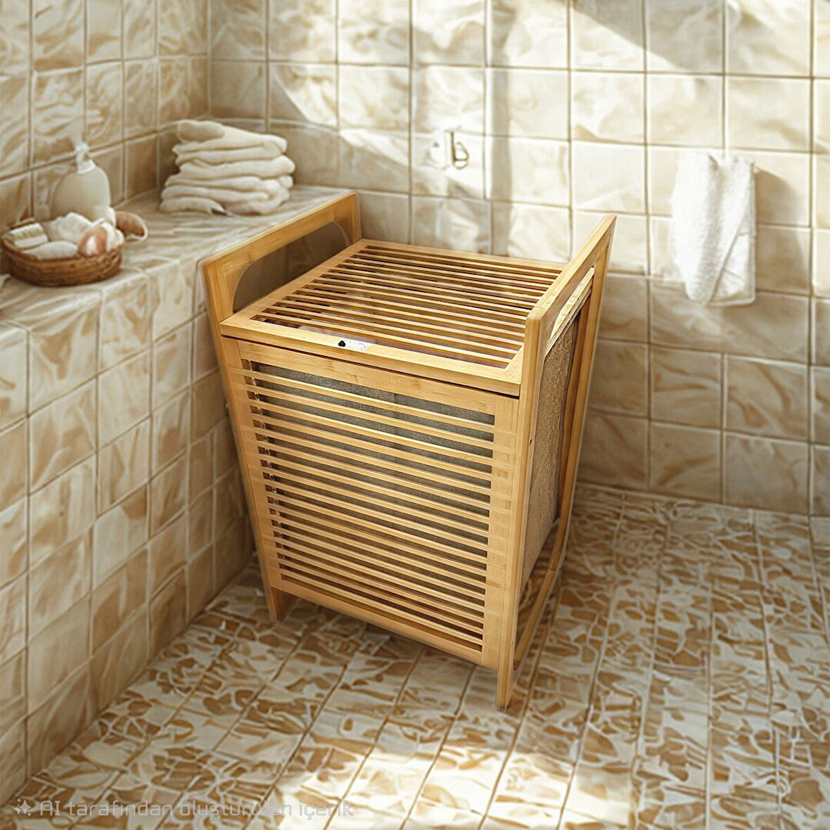 AHŞAP BAMBU KİRLİ ÇAMAŞIR SEPET KUMAŞ ÇANTALI SEPET=40X35X60CM (5263)