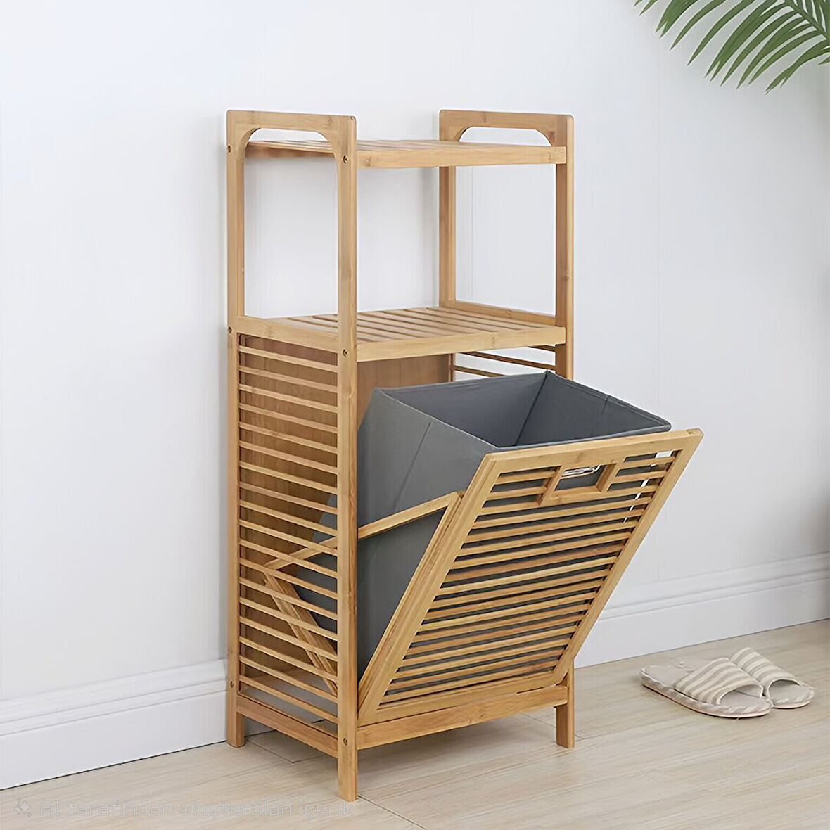 2 ORGANİZER RAFLI - ÇEK AÇ SEPET AHŞAP BAMBU KİRLİ ÇAMAŞIR SEPET 40X35X95CM (5263)