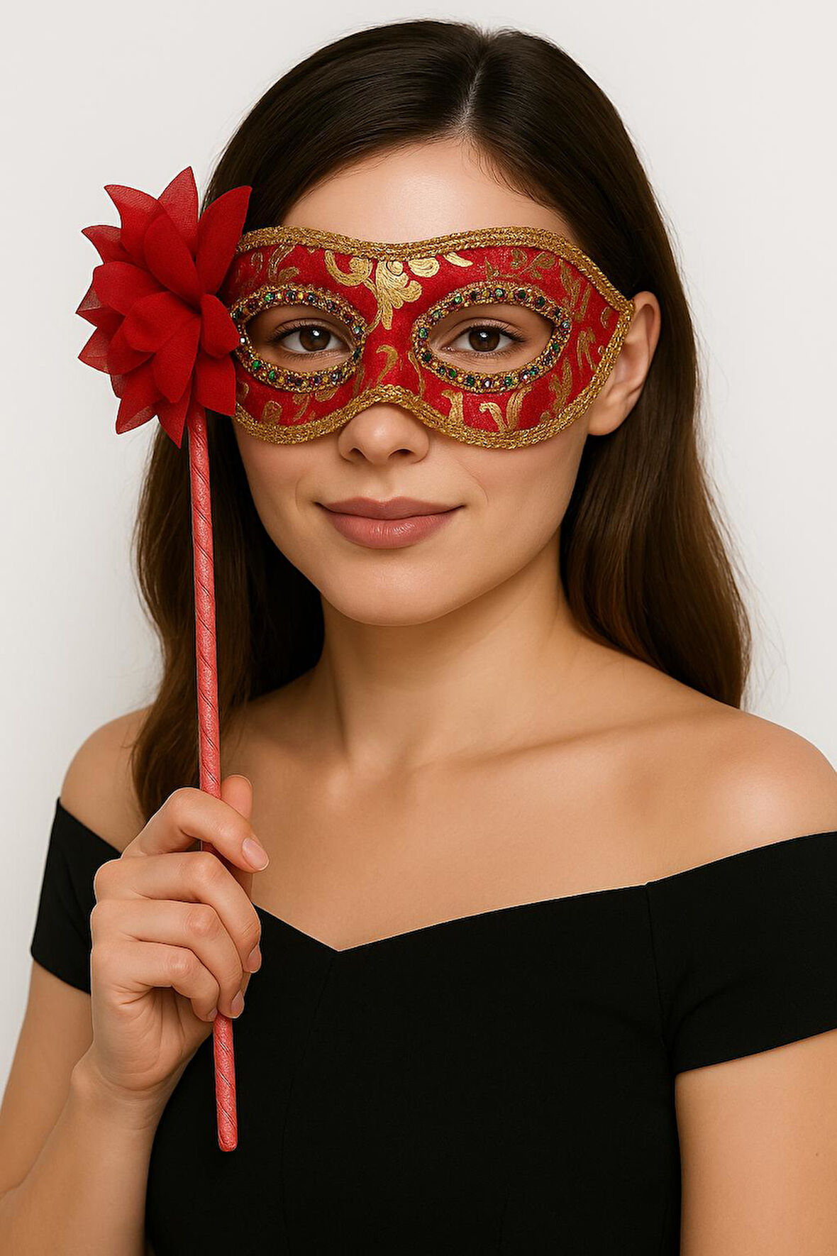 Lüks Taşlı Saplı Maskeli Balo Maskesi Kırmızı Renk 35 cm (5263)