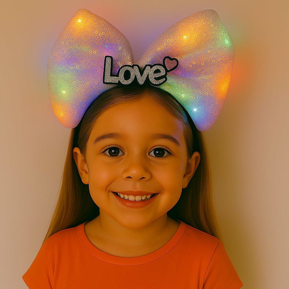 LED Işıklı Love Yazılı Pembe Fiyonk Taç – Kız Çocuk Parti Tacı (5263)