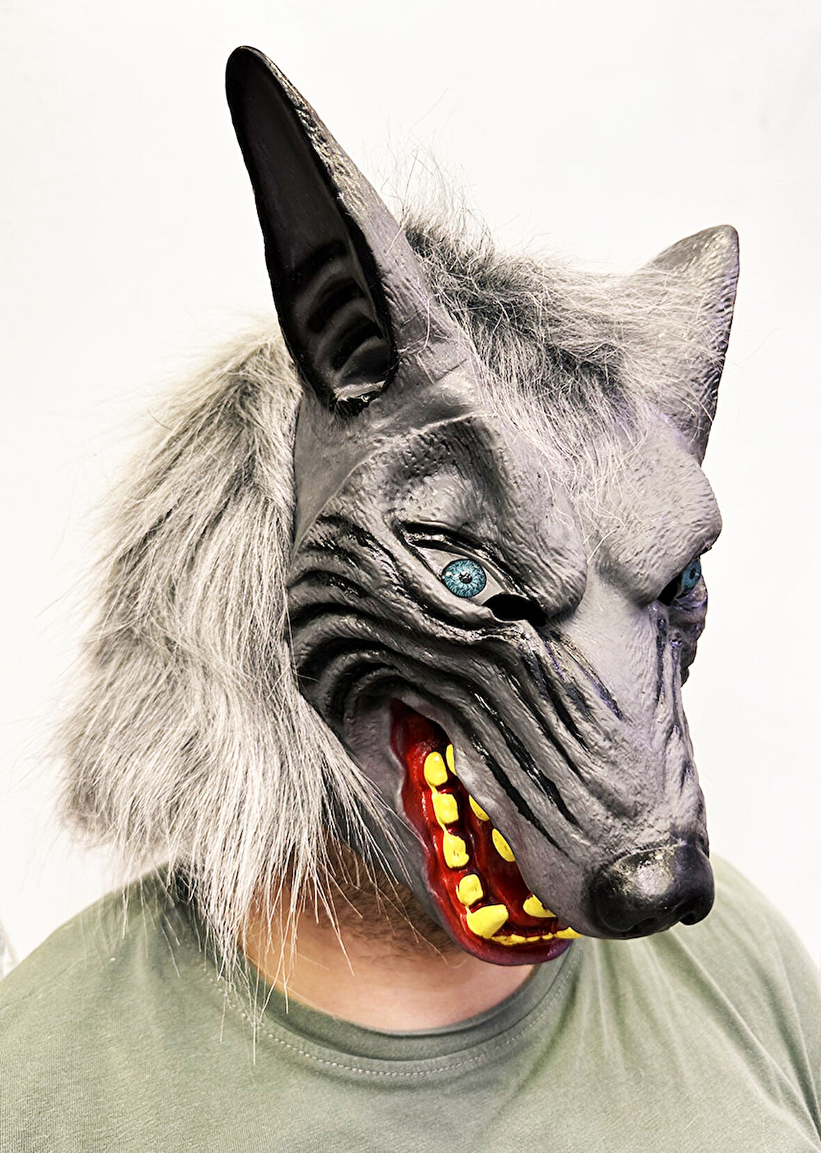 Kafaya Tam Geçmeli Lateks Mavi Gözlü Dişli Ağzı Açık Kurt Maskesi (5263)
