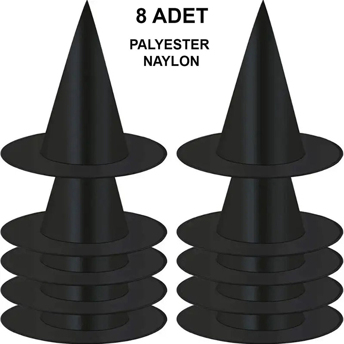 8 Adet Siyah Cadı Şapkası – Yetişkin &amp;amp;amp; Çocuk Kostüm Aksesuarı (5263)