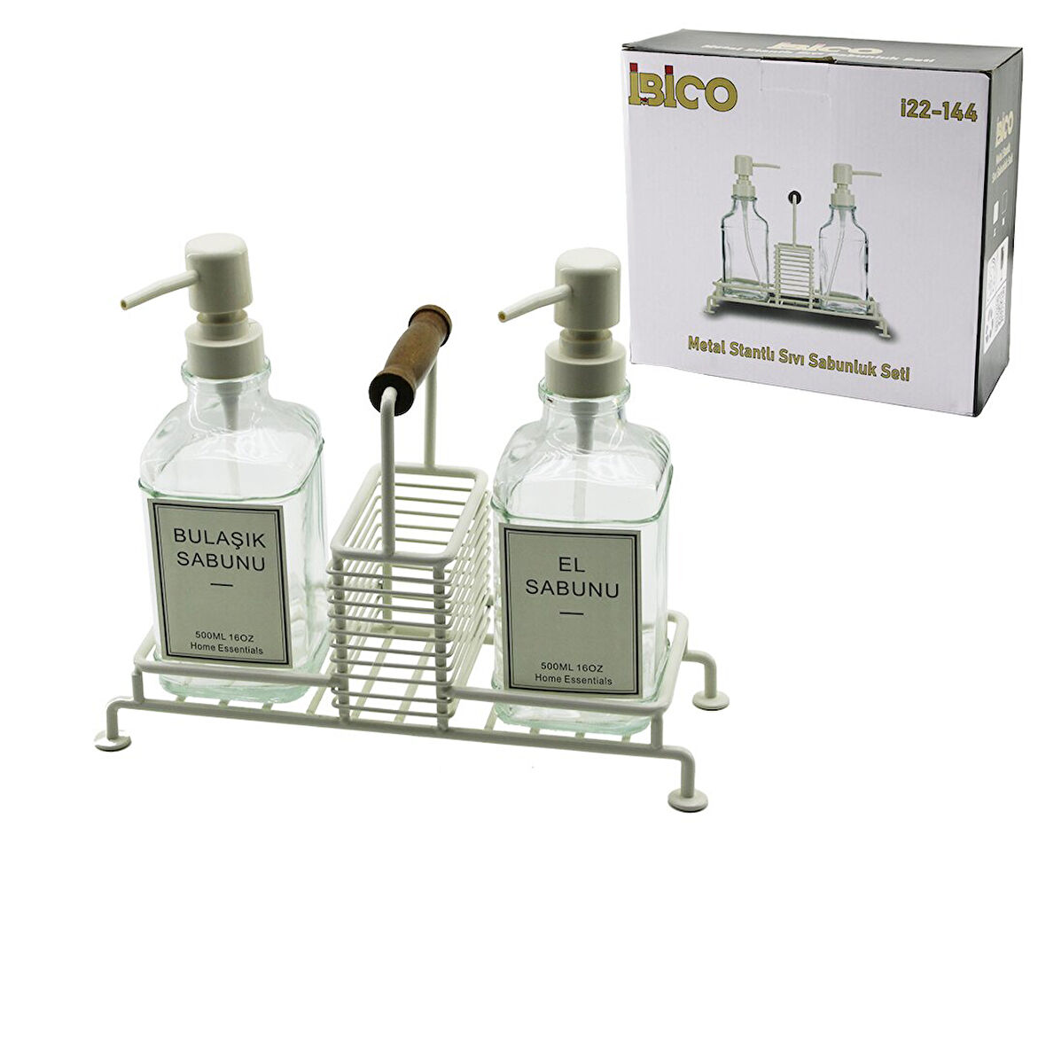 3 PCS METAL STANDLI - CAM SIVI SABUNLUK SETİ AHŞAP TUTMALI - SÜNGERLİK (5264)
