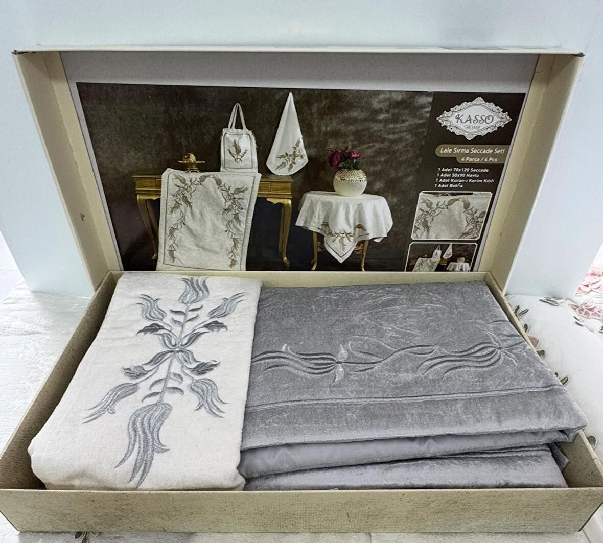 KASSO HOME Lale Seccade Seti-GRİ/Gold 4 Parça