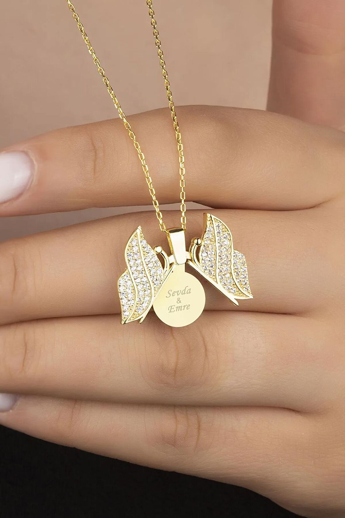 925 Ayar Gümüş Gold Açılabilen Isimli Kelebek Kolye