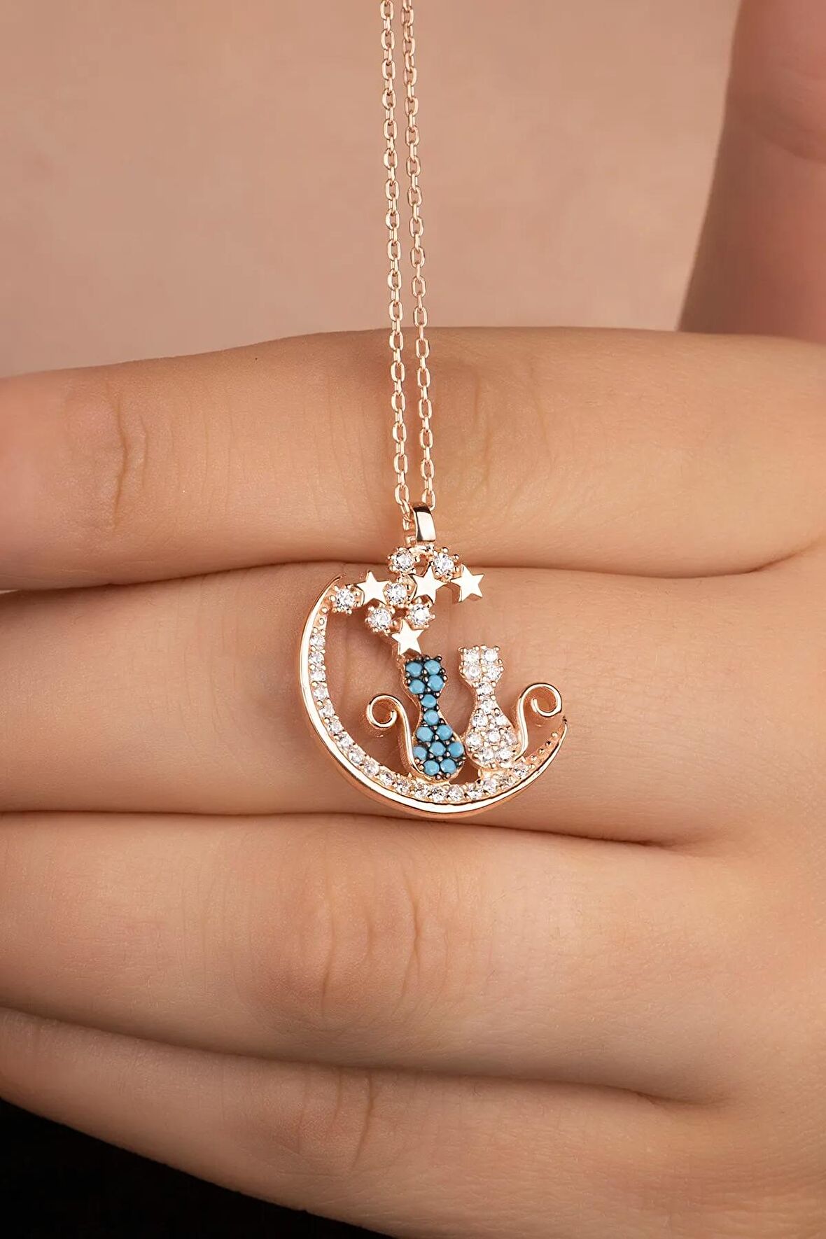 925 Ayar Gümüş Rose Yıldızlı Kediler Kolye
