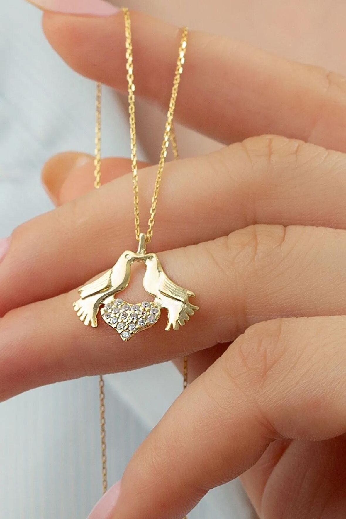 925 Ayar Gold Çifte Kumru Kalpli Gümüş Kolye