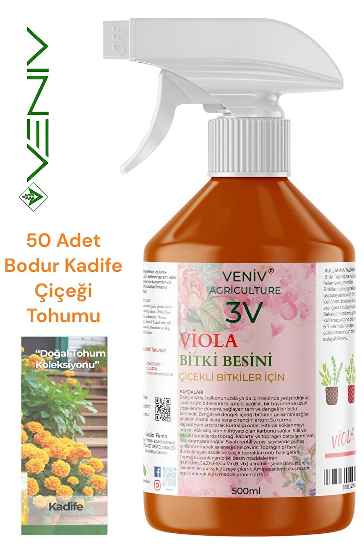 VENİV AGRİCULTURE 3V Viola 500 ml Çiçeklendirici + 50 Bodur Kadife Çiçeği Tohumu – Bahçenize Sıcak Bir Dokunuş