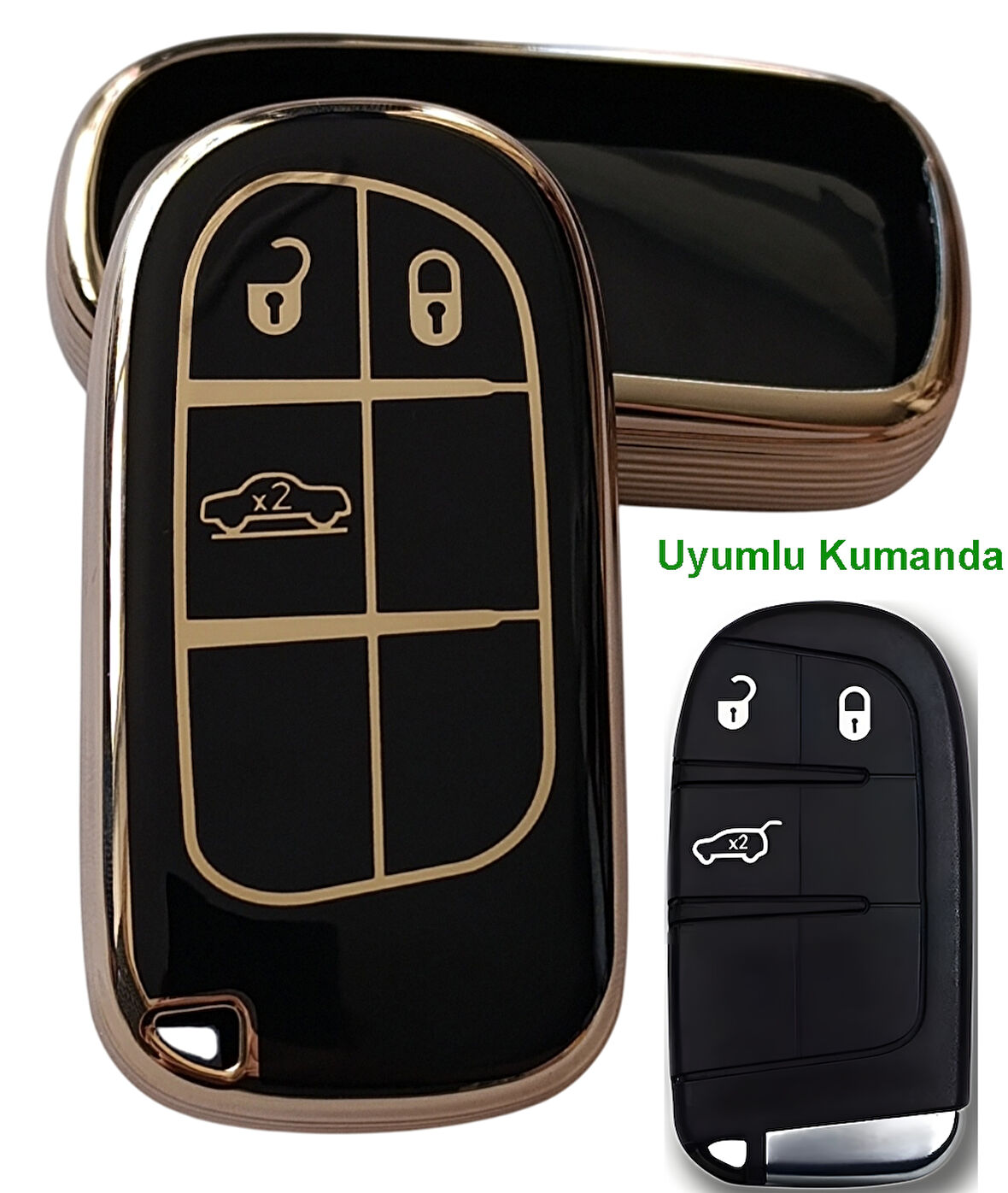 Egea Cross 500 Jeep Dodge Chrysler Uyumlu Smart Kumanda Anahtar Kılıfı Oto Anahtarlık Siyah Gold