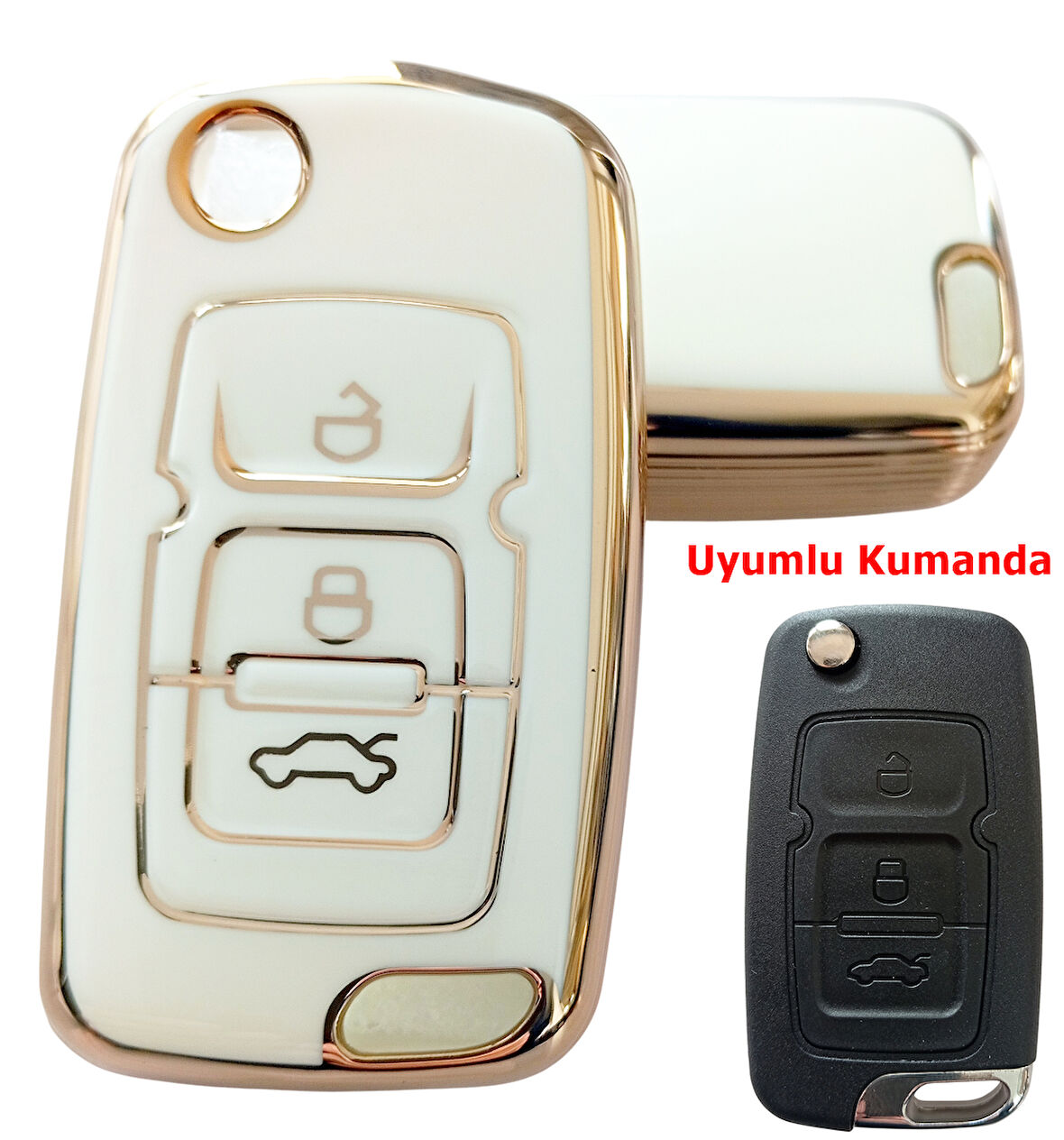 Geely Emgrand Uyumlu Nano Anahtar Kılıfı Kumanda Kılıfı Oto Anahtarlık Beyaz Gold