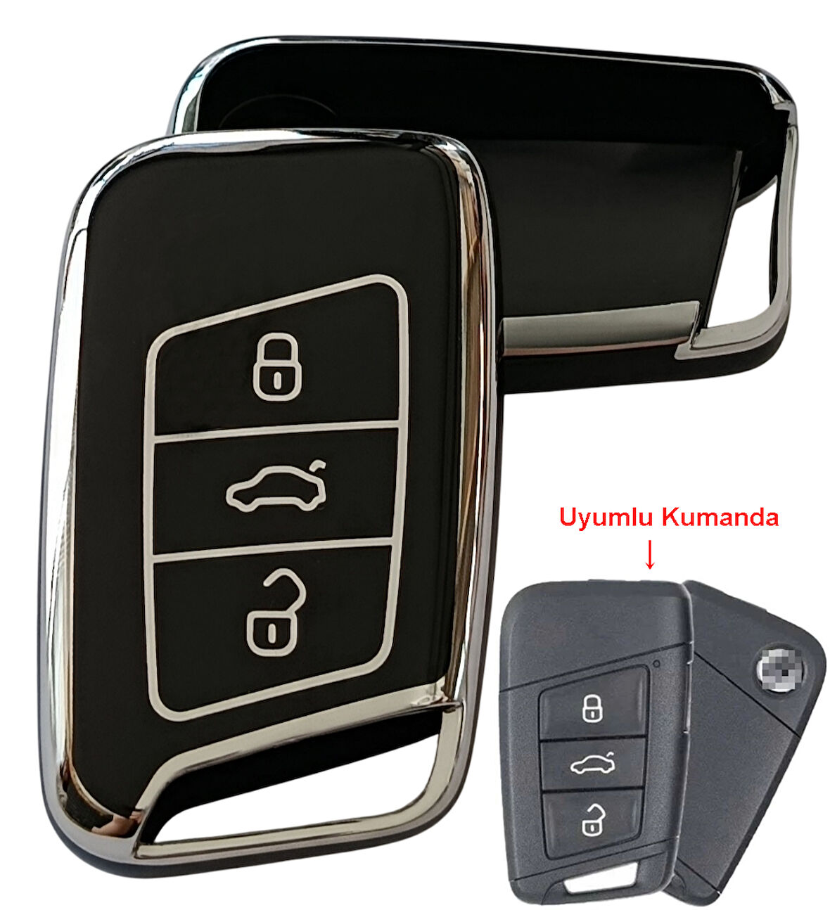 Volkswagen Passat B8 Skoda Superb Kodiaq Uyumlu Smart Anahtar Kılıfı Oto Anahtarlık Siyah Silver