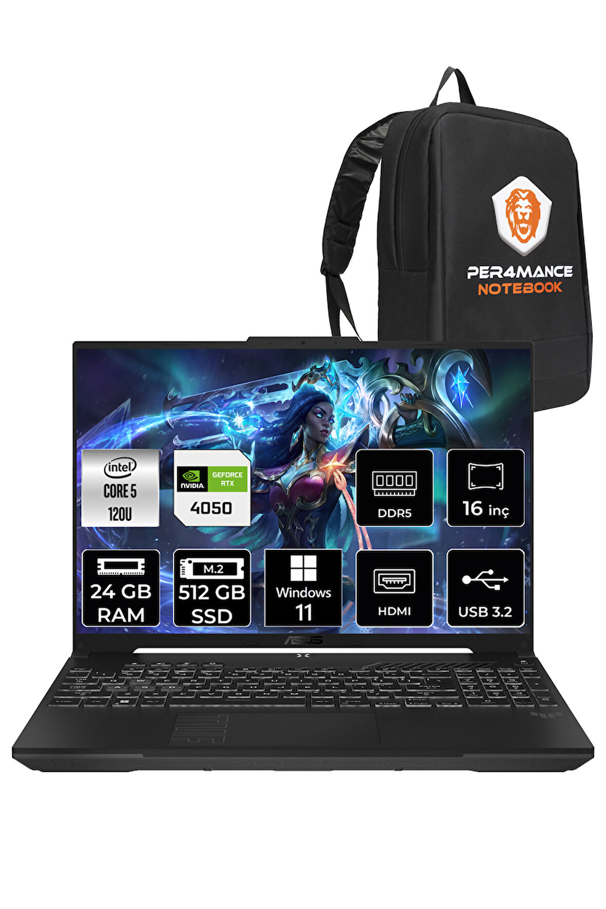 ASUS TUF Gaming F16 Core 5 210H 24GB 512GB SSD RTX4050/6GB 140W WUXGA 16" W11P LP029 & PER4 ÇANTA