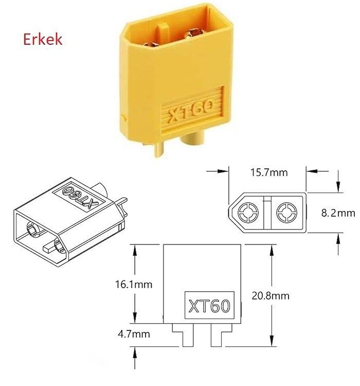 XT60 Li-Po Pil Konnektör Erkek 60 Amper