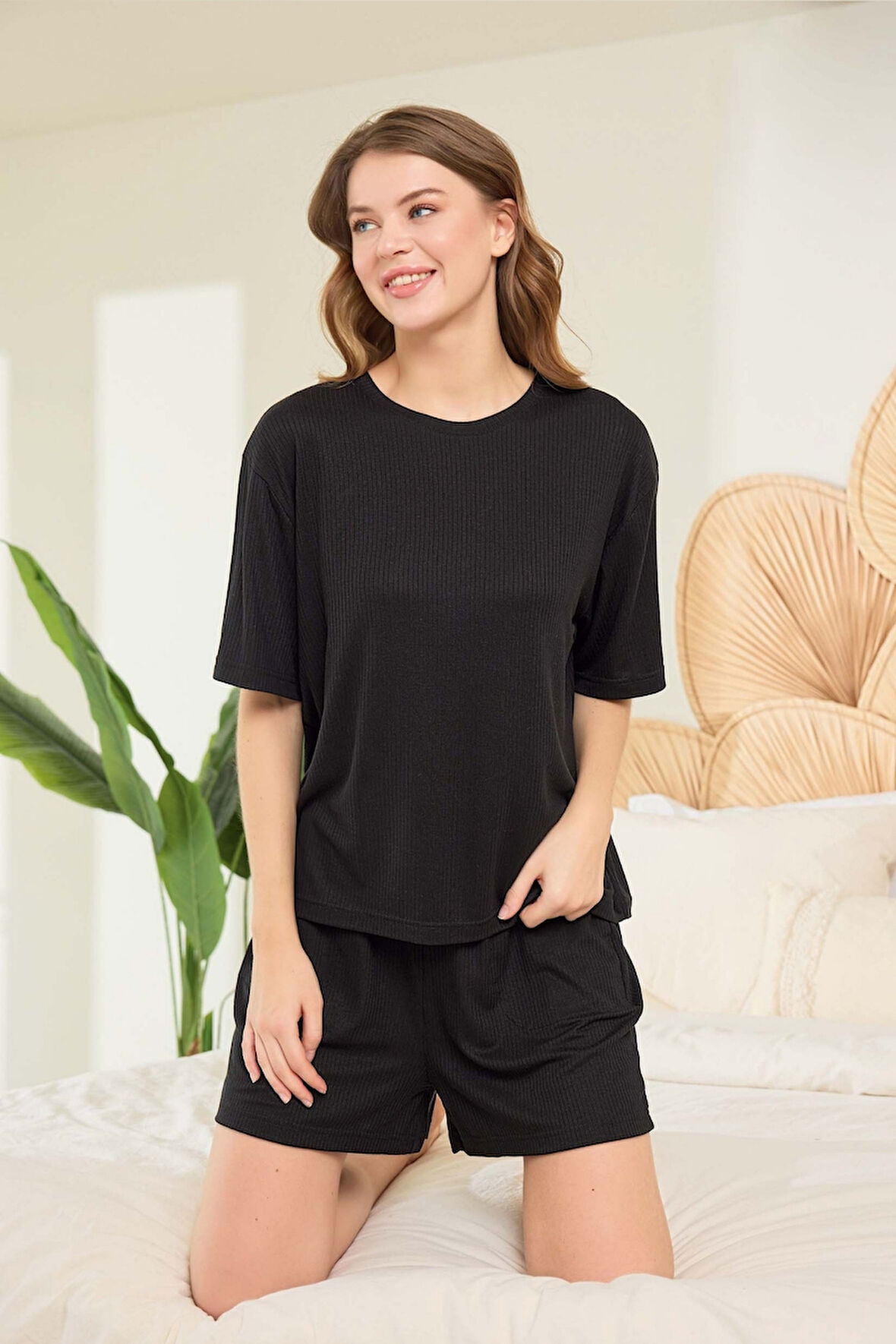 Aydoğan Kadın Siyah %95 Lyocell %5 Elasthan Şort Pijama Takımı