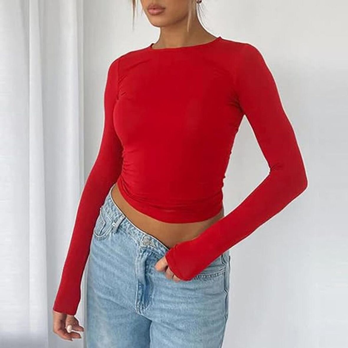 Kırmızı Bisiklet Yaka Bluz Darkalıp Ribana Kumaş Günlük Basic Body