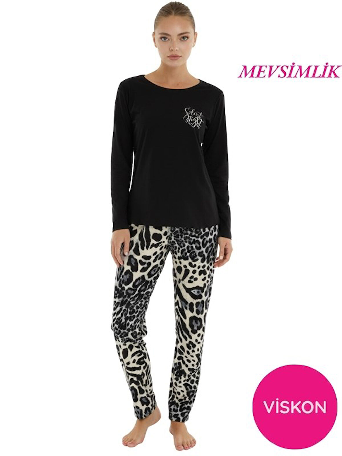 Kadın Desenli Bisiklet Yaka Düğmesiz Mevsimlik Likra Viskon Uzun Kol Pijama Takımı