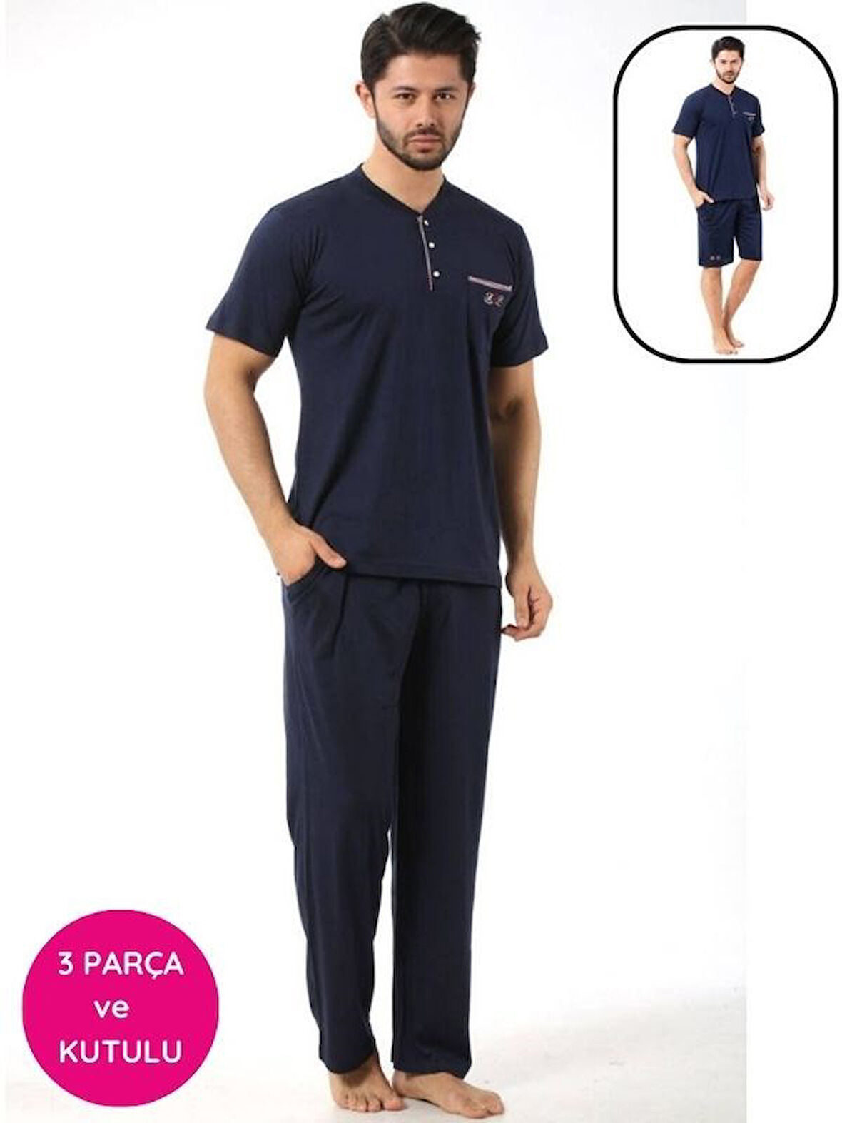 Erkek 3 Düğmeli Likralı Pamuk Kısa Kol Cepli Şortlu 3lü Pijama Takımı-3 Parça Kutulu Çeyizlik Set