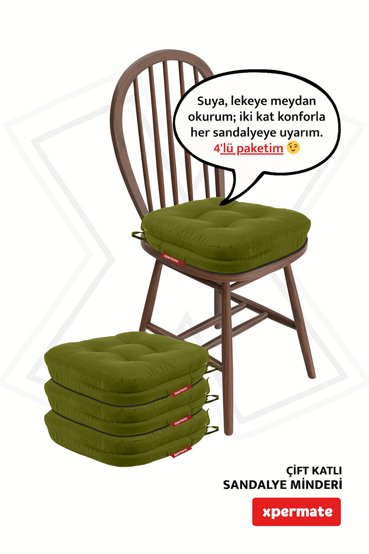 XPERMATE 4'lü Çift Kat Sandalye Minderi Fermuarlı Yıkanabilir Kılıf Bağcıklı Su ve Yağ İtici 42x42x8 Yeşil