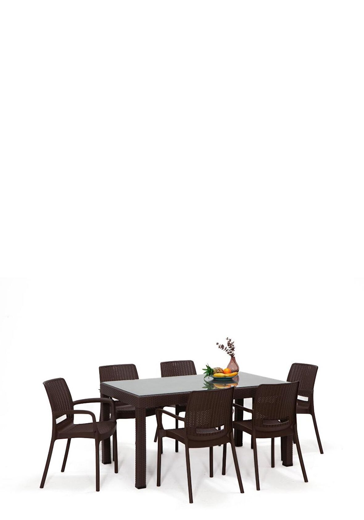 Rattan Large Lüx Camlı Kahve Masa Takımı Bahçe&balkon 1 Camlı Masa + 6 Sandalye