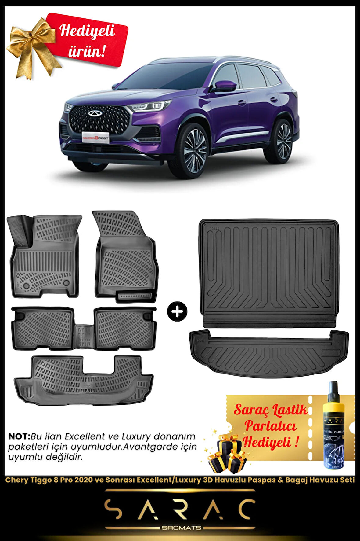 Chery Tiggo 8 Pro 2020 ve Sonrası Excellent/Luxury 3D Havuzlu Paspas & Bagaj Havuzu Seti+(HEDİYELİ!)