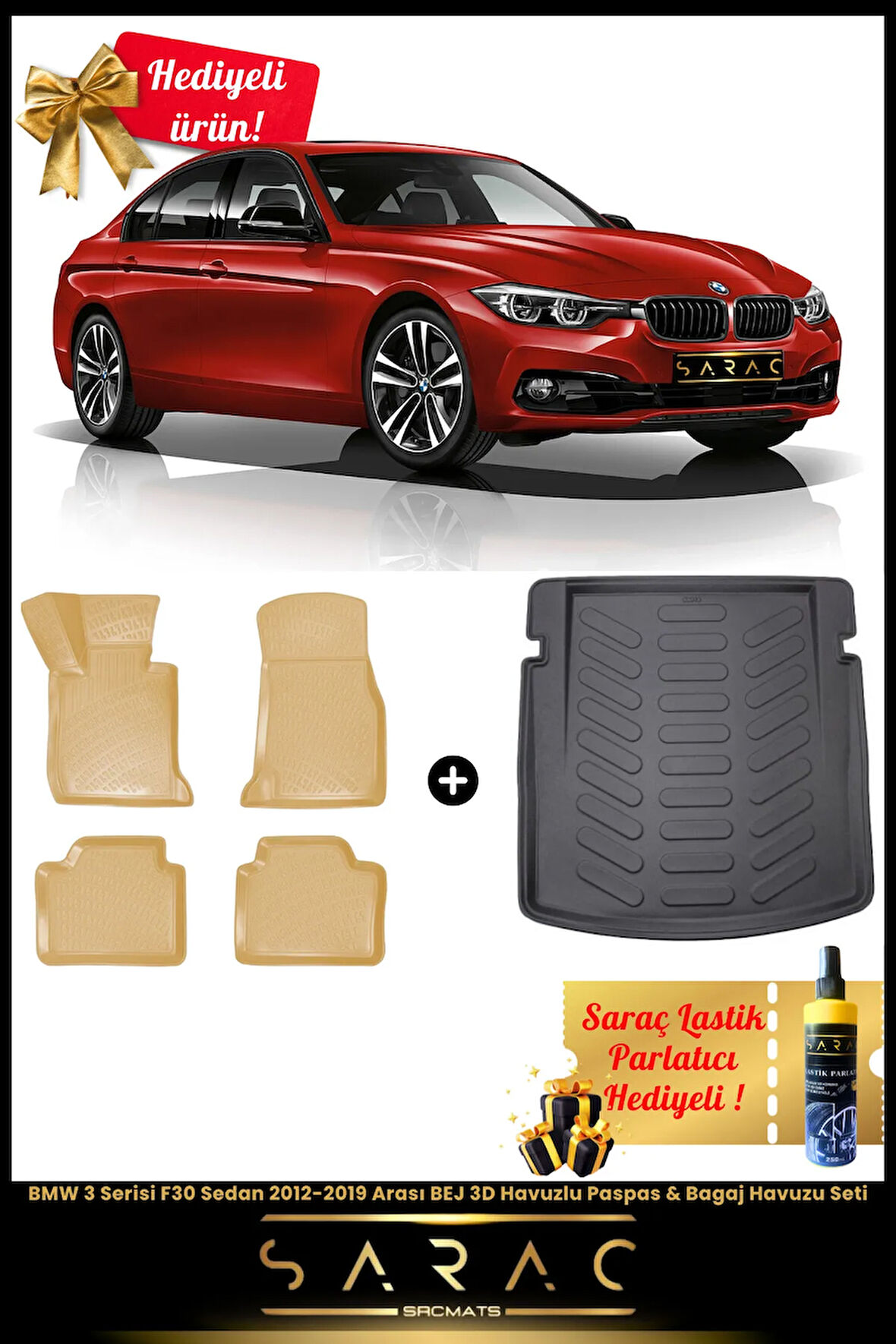 BMW 3 Serisi F30 Sedan 2012-2019 Arası BEJ 3D Havuzlu Paspas & Bagaj Havuzu Seti+(HEDİYELİ!)