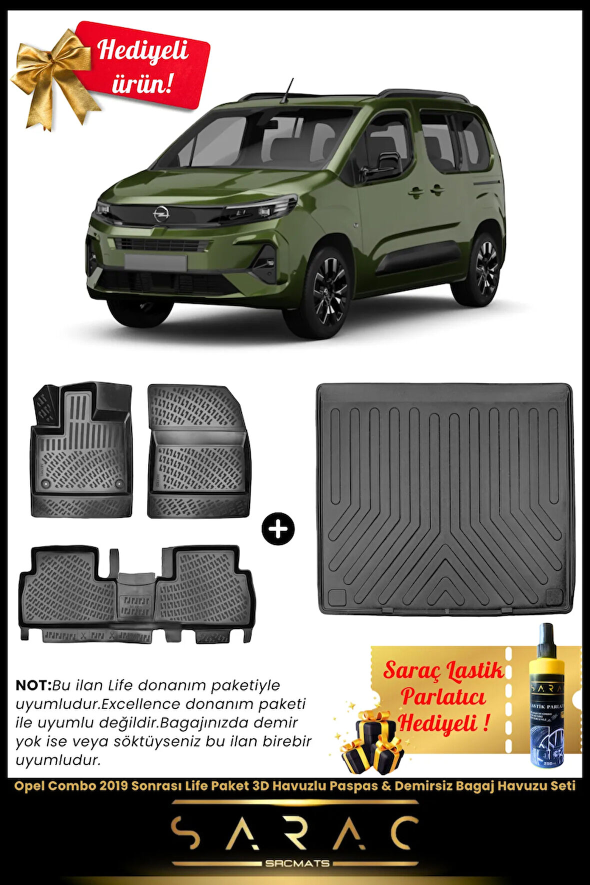 Opel Combo 2019 Sonrası Life Paket 3D Havuzlu Paspas & Demirsiz Bagaj Havuzu Seti+(HEDİYELİ!)