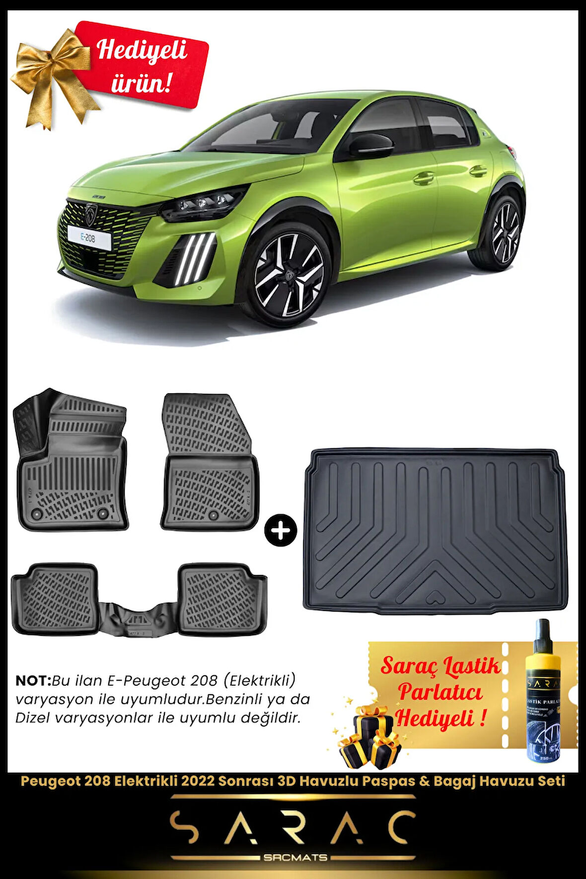 Peugeot 208 Elektrikli 2022 Sonrası Araca Özel 3D Havuzlu Paspas & Bagaj Havuzu Seti+(HEDİYELİ!)