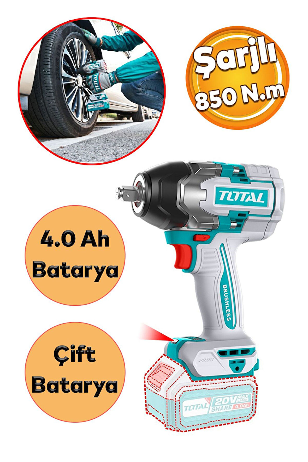 Total 850 Nm Şarjlı Li-on 2x4 Ah Batarya Darbeli Akülü Somun Sıkma Sökme Tabanca Araba Teker Lastik 