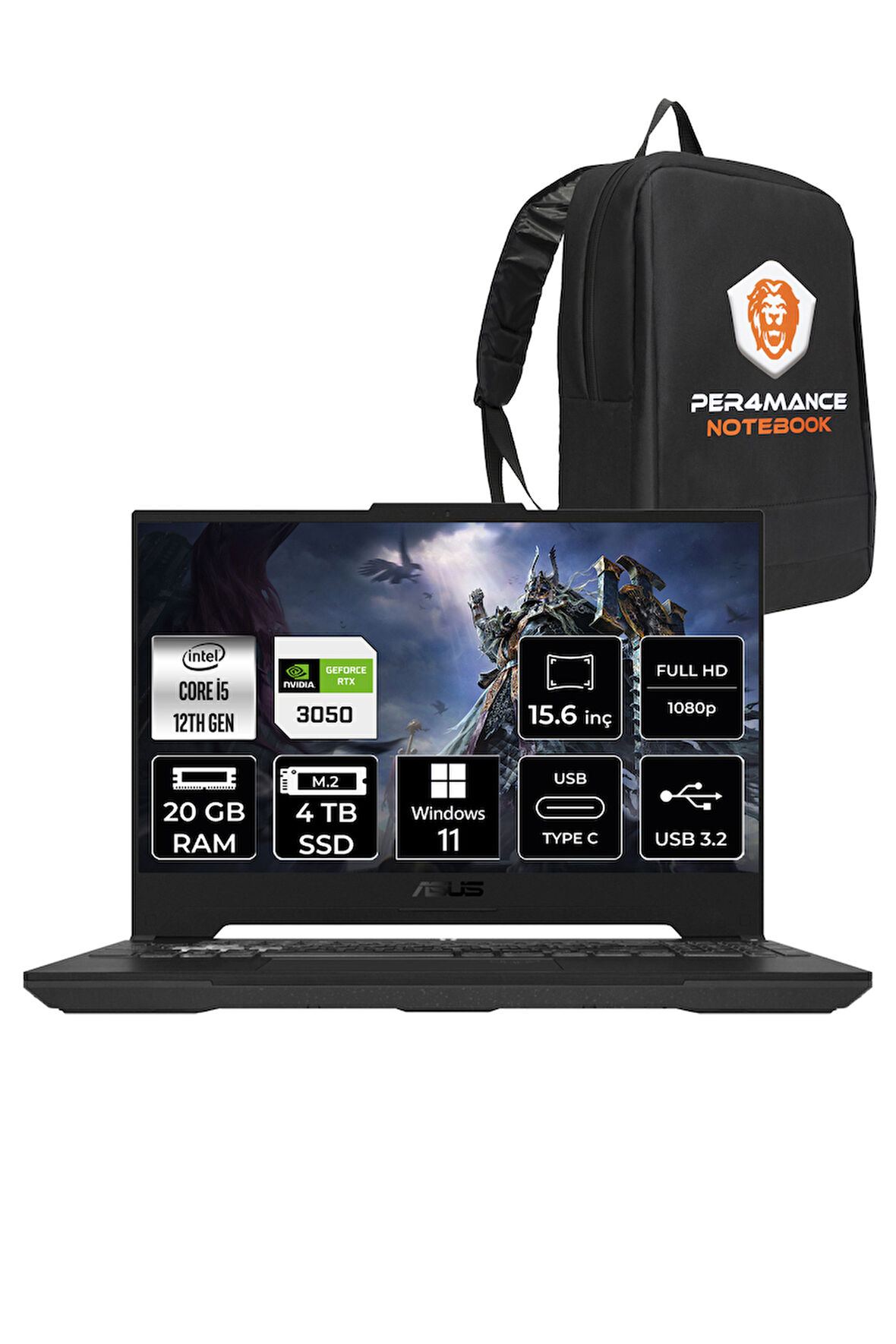 Asus TUF Gaming F15 i5 12500H 20GB 4TB SSD RTX3050/4GB 95W 15.6" FHD 144HZ W11P HN211 & PER4 ÇANTA