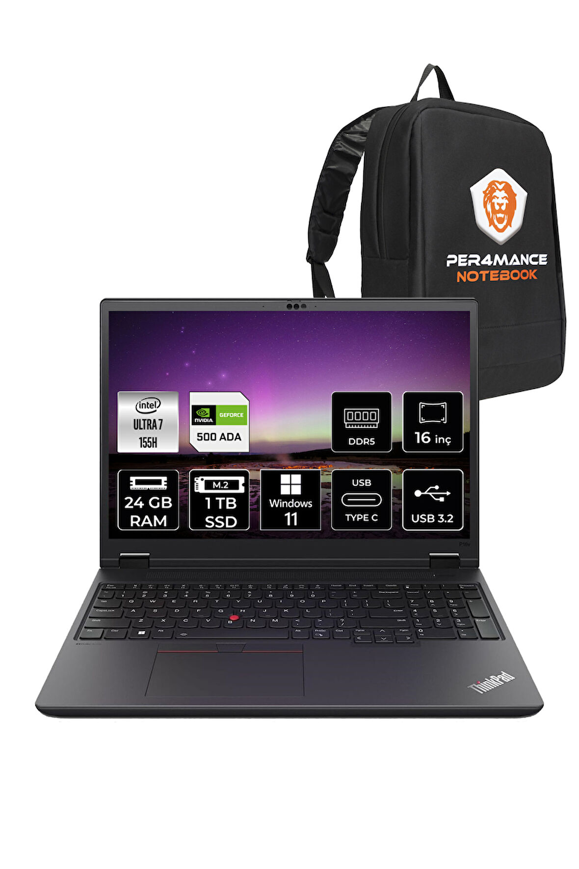 LENOVO ThinkPad P16s G3 U7 155H 24GB 1TB SSD RTX500ADA 16'' WUXGA W11P İş İstasyonu & PER4 ÇANTA