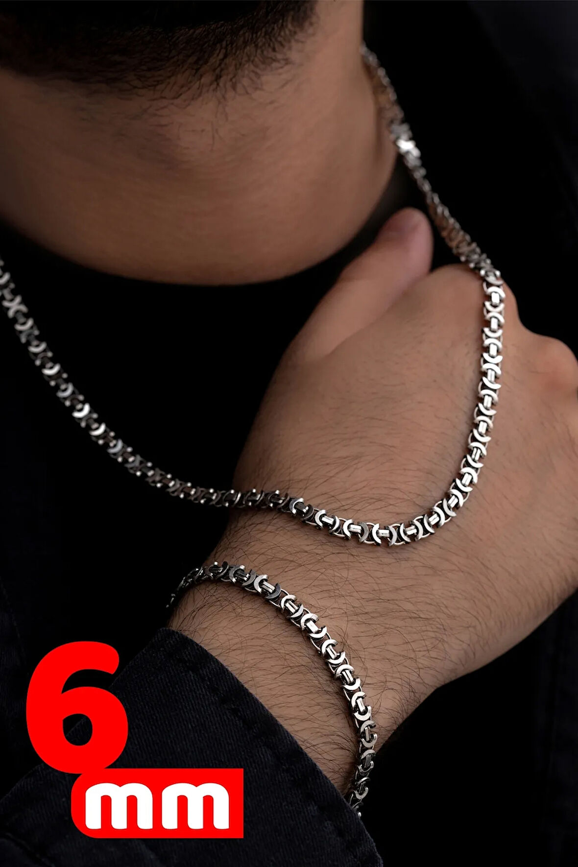 Erkek Gümüş Kolye Bileklik Set - Oksitli Euro Kral Kolye Bileklik Gümüş Set 6mm gümüş renk