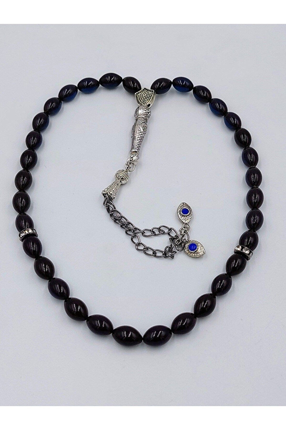 Siyah-mavi Alpaka Püsküllü Ateş Kehribar Tespih (AHŞAP KUTU)