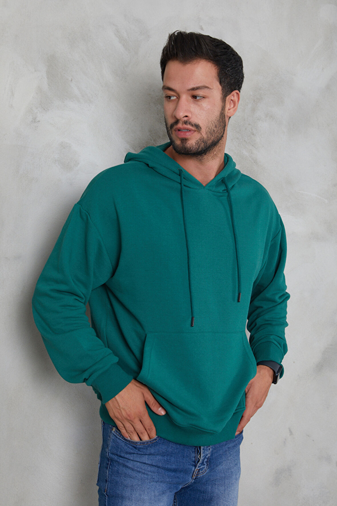 2D2B  Erkek Oversize Kapüşonlu Kanguru Cepli Ribanalı Uzun Kollu Basic Sweatshirt