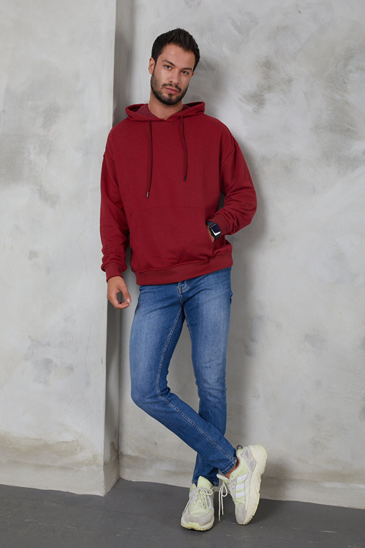 2D2B  Erkek Oversize Kapüşonlu Kanguru Cepli Ribanalı Uzun Kollu Basic Sweatshirt