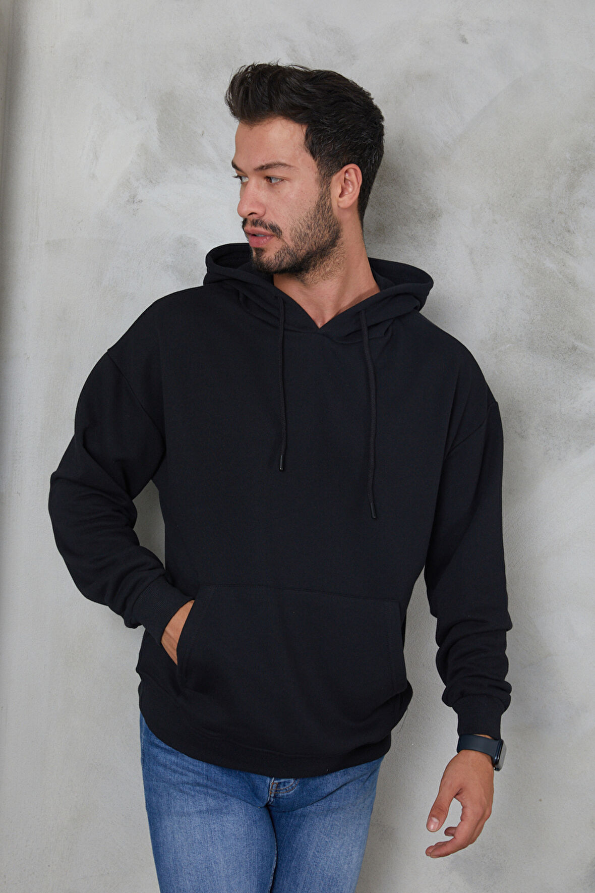 2D2B  Erkek Oversize Kapüşonlu Kanguru Cepli Ribanalı Uzun Kollu Basic Sweatshirt