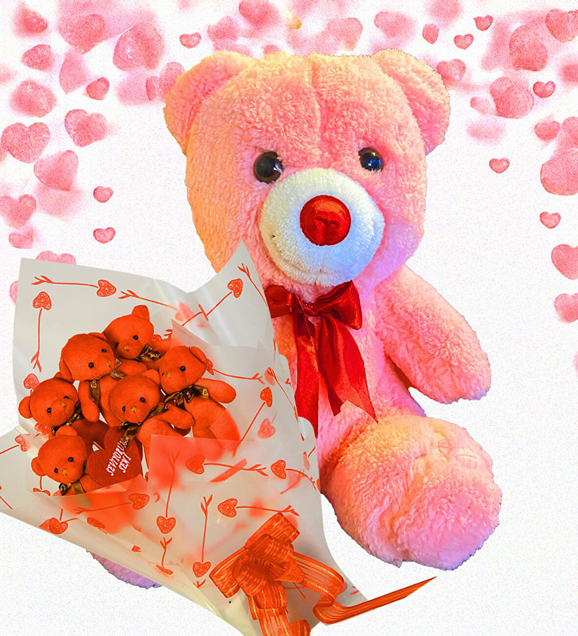 Sevimli 35 cm Peluş Ayı ile Premium Yumoş Kırmızı Peluş Ayıcık Buketi