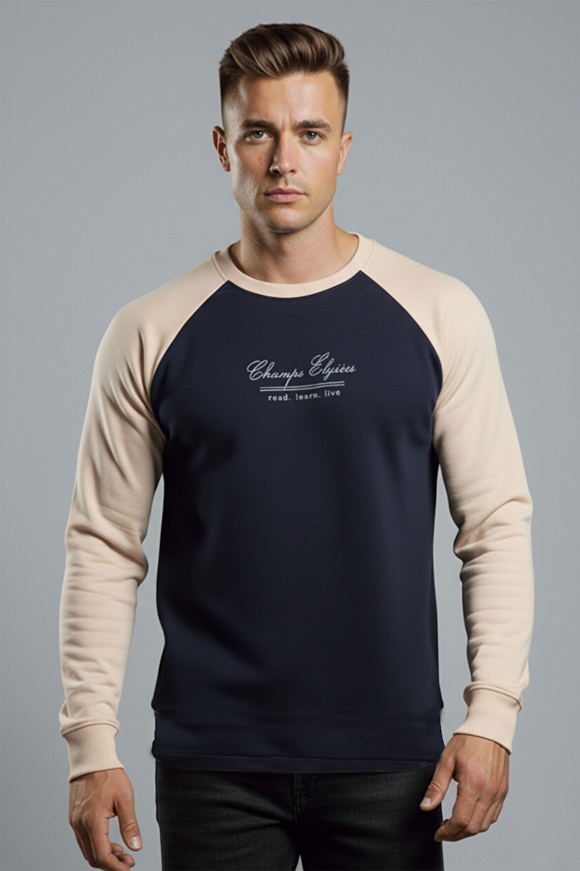 DeepSEA Erkek Lacivert Fitilli Şardonlu Sweatshirt - Pamuklu, Likralı, Rahat Kalıp Sweatshirt 2601510