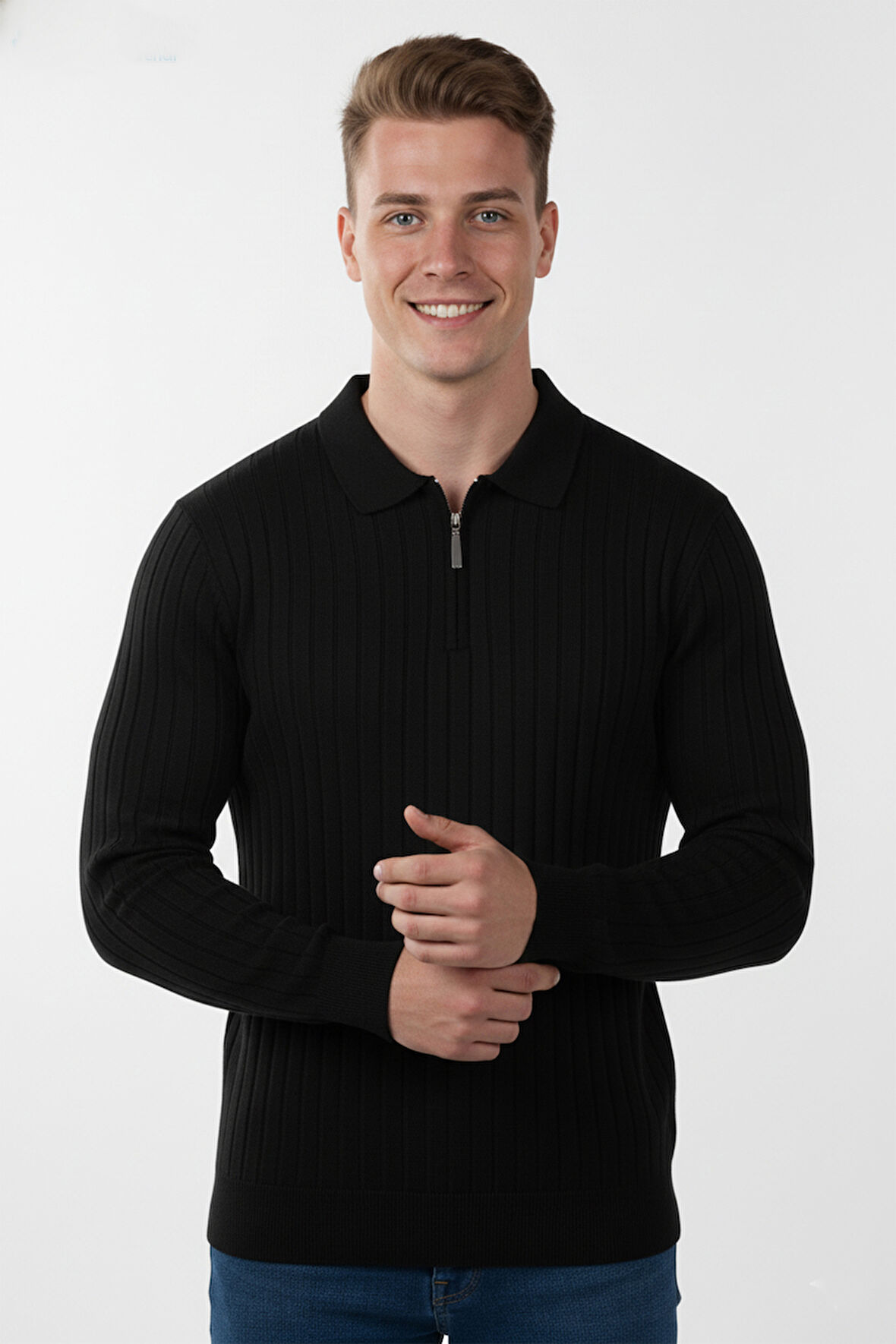 DeepSEA Erkek Siyah Slim Fit Polo Yaka Triko Kazak - Yumuşak Dokulu Esnek ve Şık Görünüm 2605305