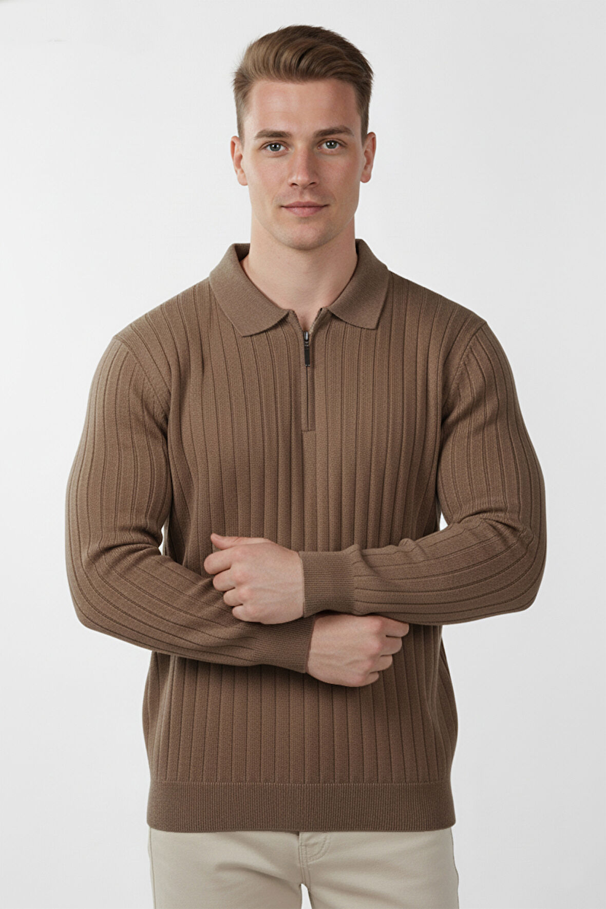 DeepSEA Erkek Kahve Slim Fit Polo Yaka Triko Kazak - Yumuşak Dokulu Esnek ve Şık Görünüm 2605305