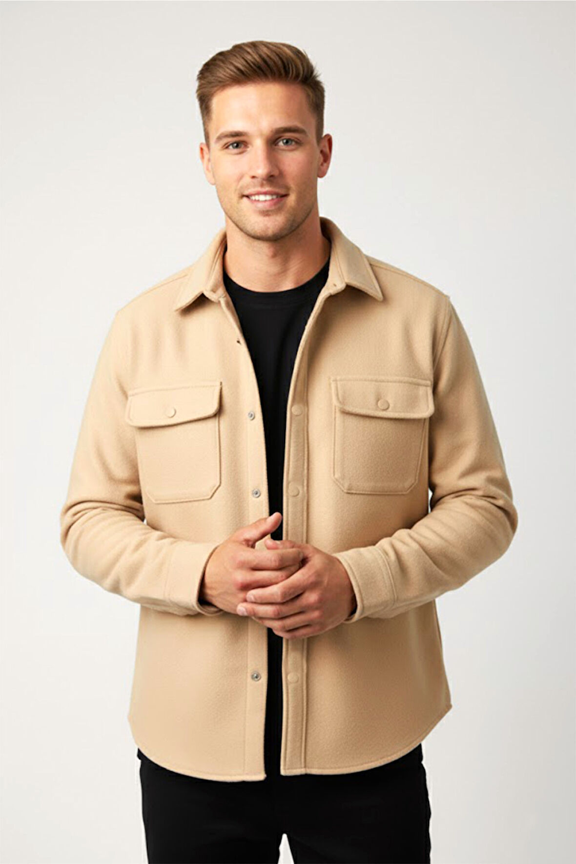 DeepSEA Erkek Bej Kaşe Ceket Mont – Rahat Kesim Cepli Çıtçıtlı Ceket 2500559