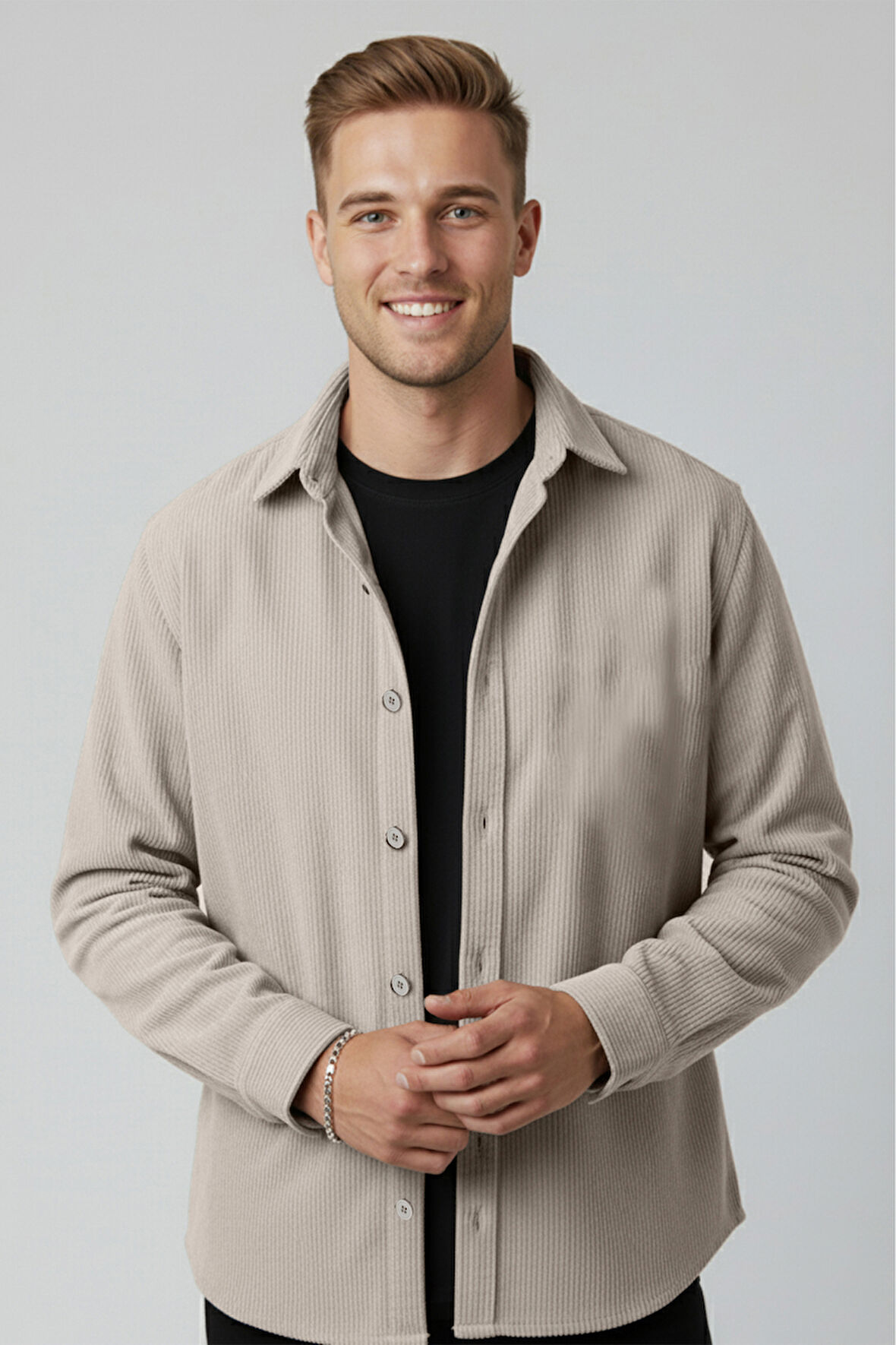 DeepSEA Erkek Gri Kadife Fitilli Rahat Kesim Gömlek Yumuşak Dokulu Likralı Kadife Gömlek 2600758