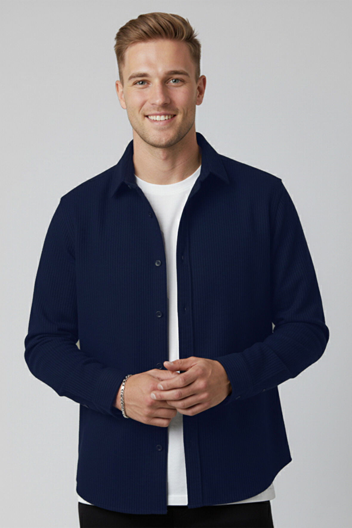 DeepSEA Erkek Lacivert Kadife Fitilli Rahat Kesim Gömlek Yumuşak Dokulu Likralı Kadife Gömlek 2600758