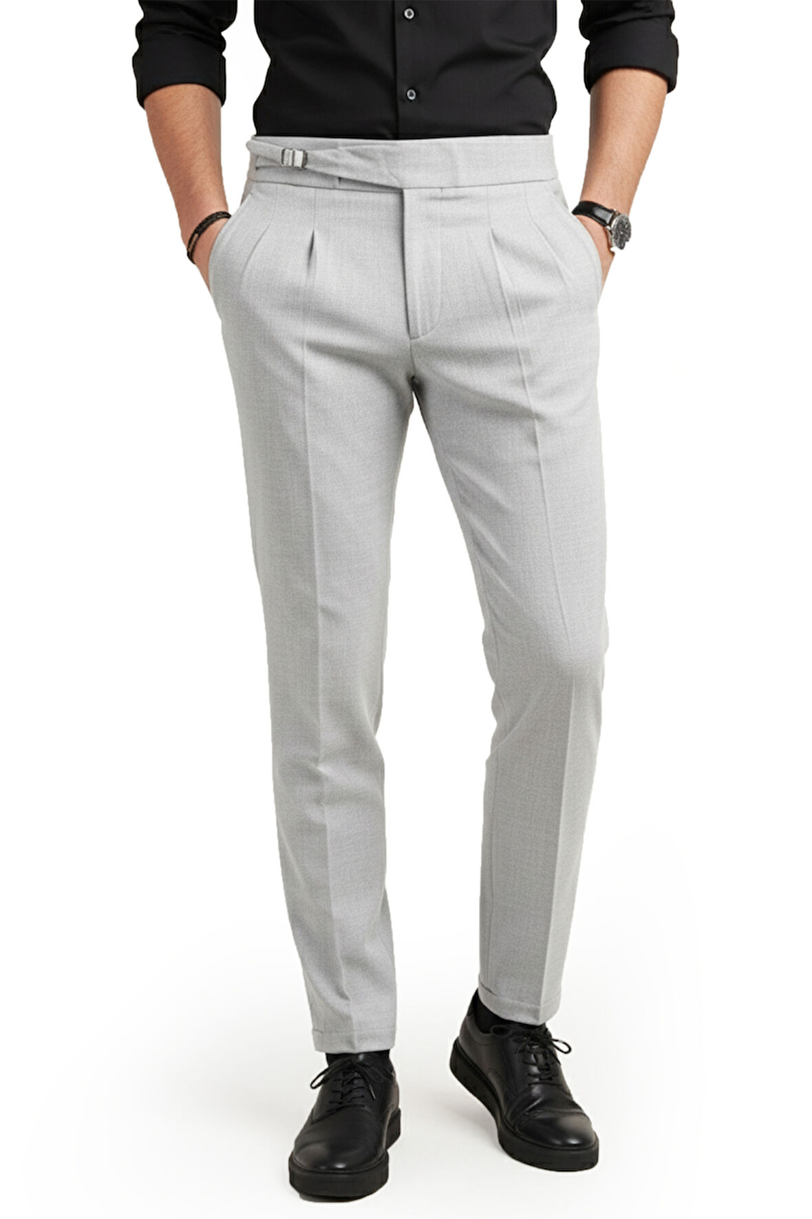 DeepSEA Erkek Gri Likralı İtalyan Kesim Pileli Kemer Tokalı Şık Kumaş Pantolon 2601020