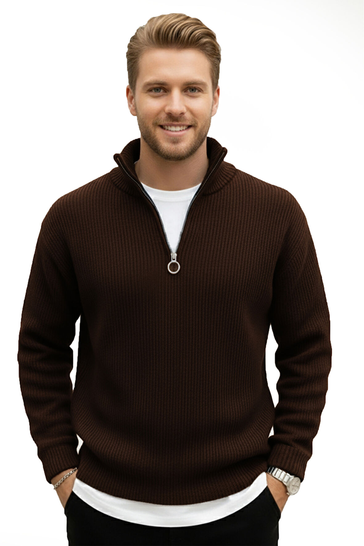 DeepSEA Erkek Kahve Yarım Fermuarlı Oversize Kesim Triko Kazak – %100 Pamuk, Yumuşak Dokulu Örgü Kazak 2608511