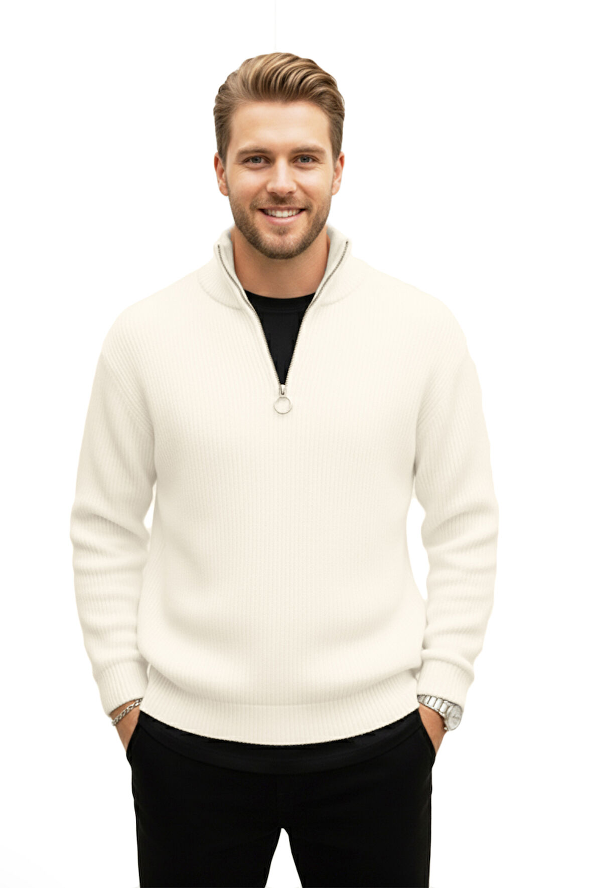 DeepSEA Erkek Ekru Yarım Fermuarlı Oversize Kesim Triko Kazak – %100 Pamuk, Yumuşak Dokulu Örgü Kazak 2608511