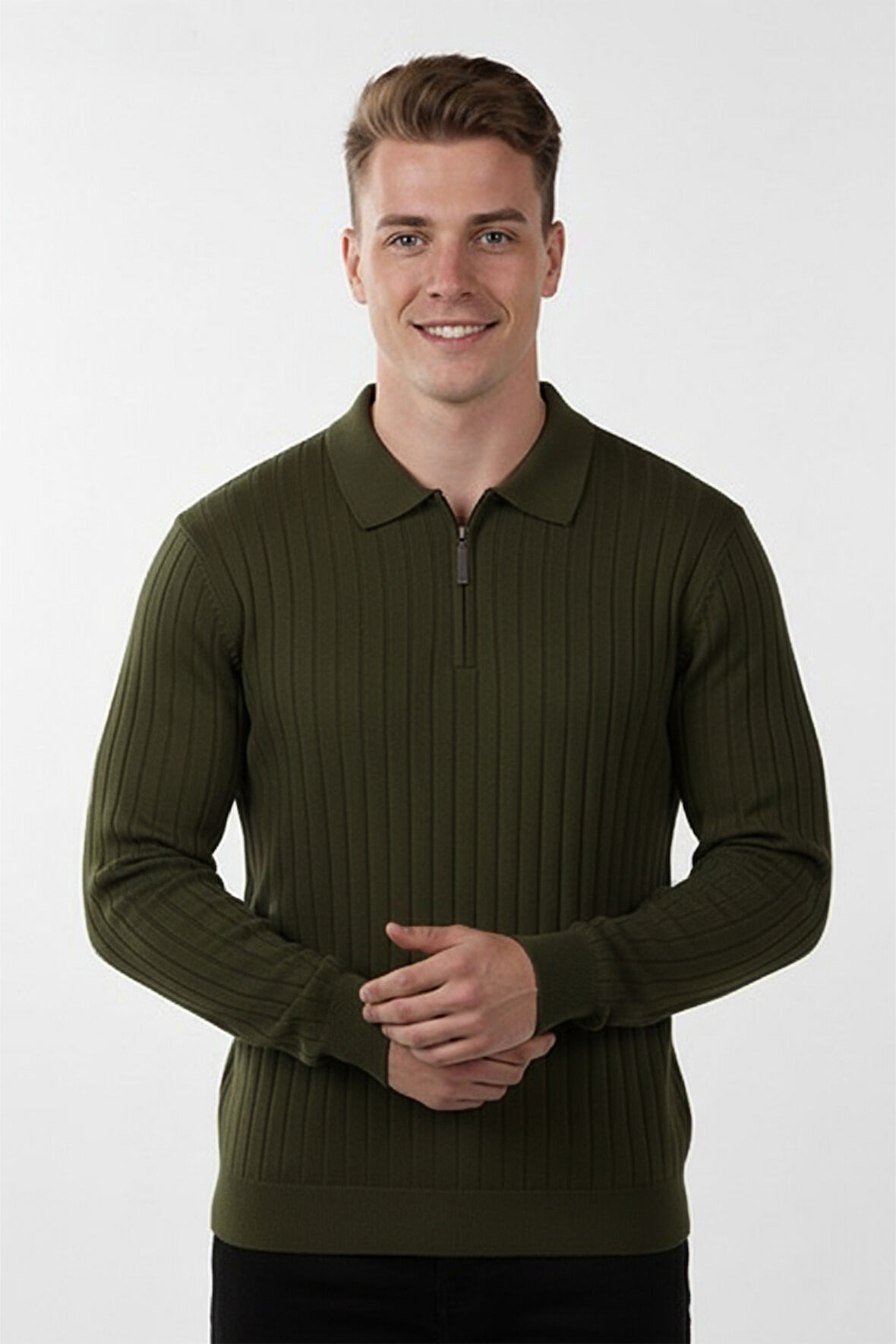 DeepSEA Erkek Haki Slim Fit Polo Yaka Triko Kazak - Yumuşak Dokulu Esnek ve Şık Görünüm 2605305