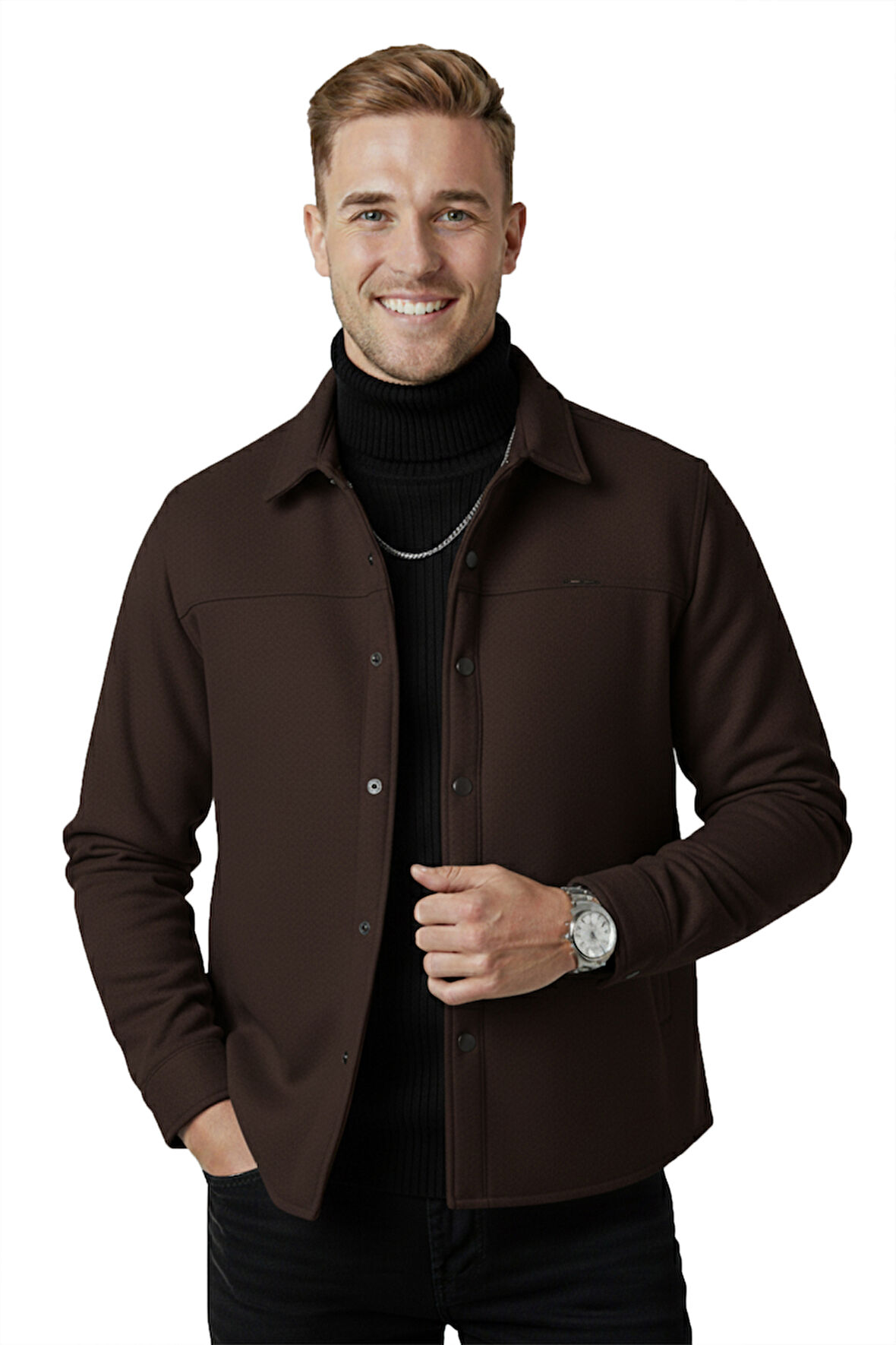 DeepSEA Erkek Kahve Likralı Rahat Kalıp Cepsiz Kaşe Ceket – Çıt Çıtlı, Esnek Şık Model Ceket 0760