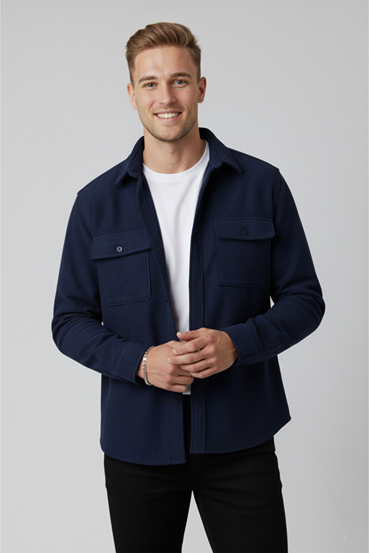 DeepSEA Lacivert Cepli Likralı Kadife Kumaş Rahat Kesim Erkek Gömlek – Yumuşak Dokulu, Şık Tasarım Gömlek 2600759