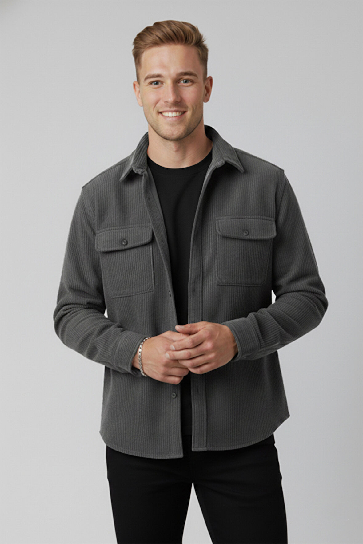 DeepSEA Füme Cepli Likralı Kadife Kumaş Rahat Kesim Erkek Gömlek – Yumuşak Dokulu, Şık Tasarım Gömlek 2600759